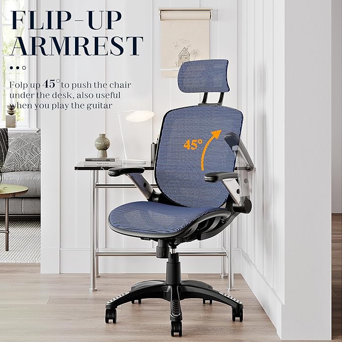 GABRYLLY Ergonomic Office Chair, High Back Mesh Desk Chair with Adjustable Headrest, Flip-Up Arms, 90-120° Tilt Lock, Lumbar Support and Comfy Seat, Swivel Computer Task Chair, Blue