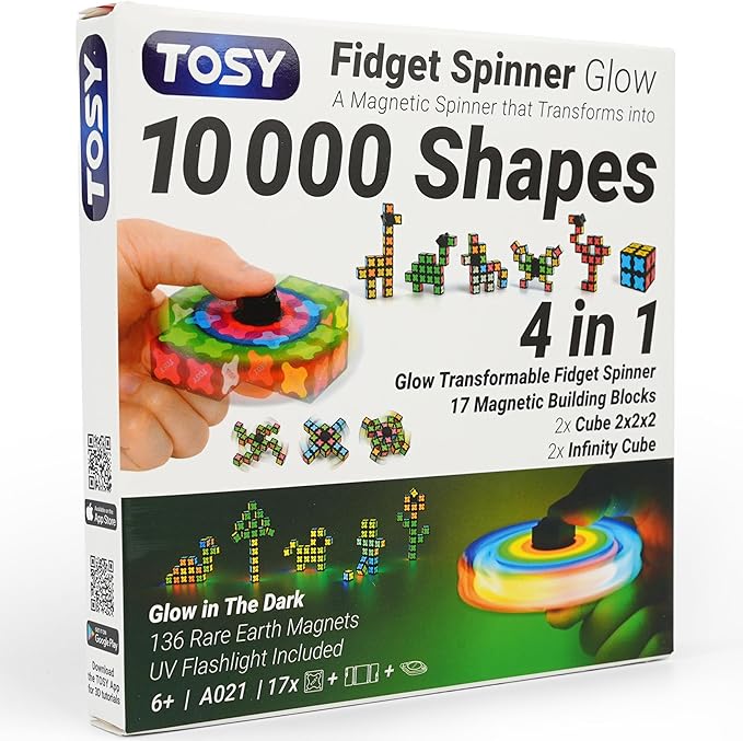 TOSY Magnet Fidget Spinner Glow - 16 Blocks, 3in1 Toy: Transformable Fidget Spinner, Infinity/Puzzle Cube, Glowing, Christmas Stocking Stuffers Gift for Kids/Adults, STEM Sensory Stress Relief