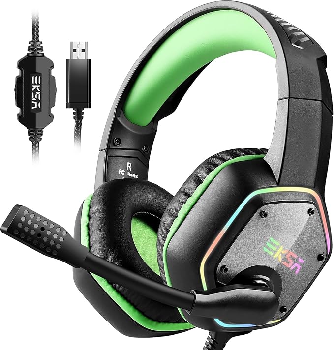 EKSA E1000 Gaming Headset, Computer Headphones with Noise Canceling Mic & RGB Light, Compatible with PC, PS4, PS5, Laptop