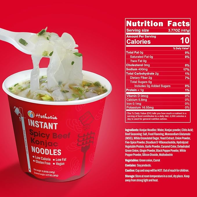 Hethstia Konjac Noodle Spicy Beef Soup, 6-Pack Instant Shirataki Pho Soup Cup, Low-Calorie 34.32 oz Konjac Pho Pasta Spicy Beef Broth, Sugar-Free, Low-Carb, Gluten-Free, Vegan Healthy Asian Meal