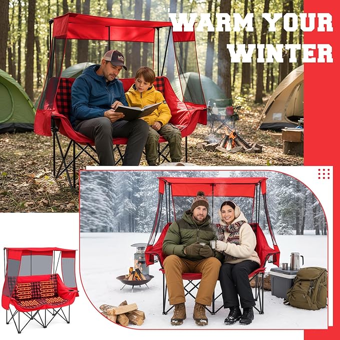 Heated Double Camping Chair with Canopy, Padded Loveseat 660lbs Folding Portable Chair with Pocket for Adult Outdoor Lawn, 4 Heating Zones 3 Heat Level, Use 5v/3a Power Bank (Not Included)(Red Plaid)