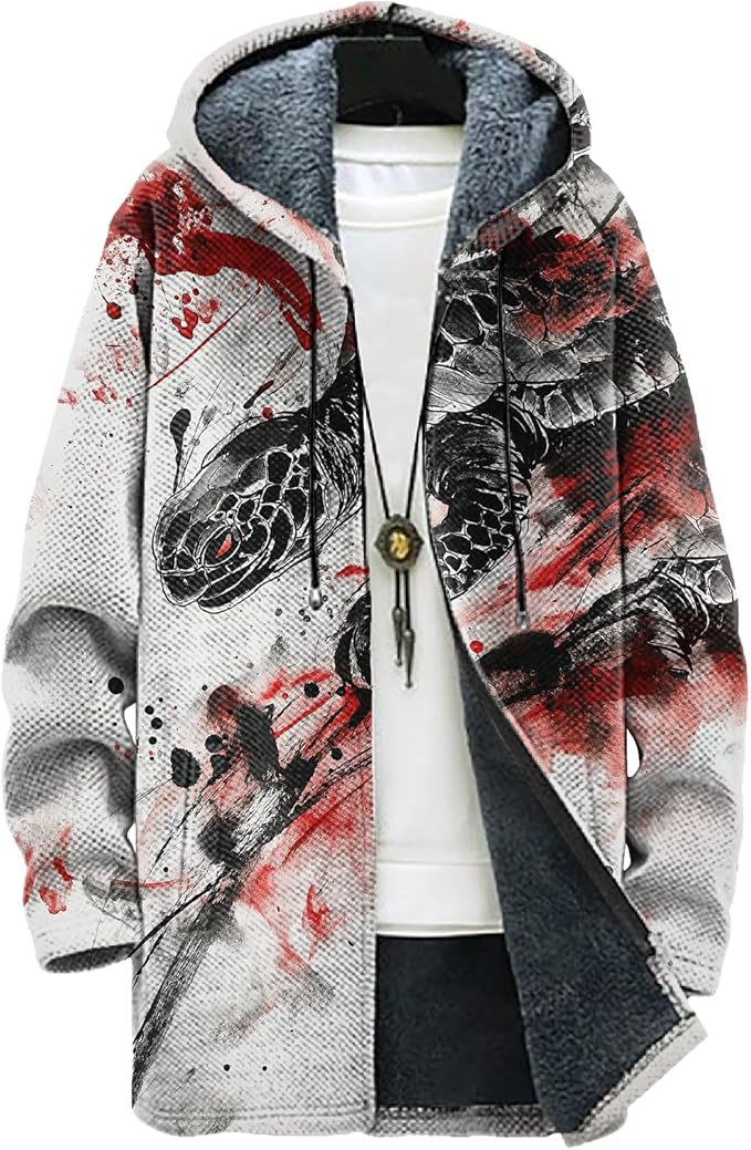MARSVOVO Long Hooded Cardigan Men Japanese Art Style Fashion Cool Graphic Streetwear Winter Warm Lined Fleece Jacket