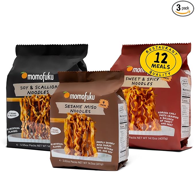 Momofuku Ramen Noodle Variety Pack by David Chang, 12 Meals Air-Dried Instant Noodles with Sauce