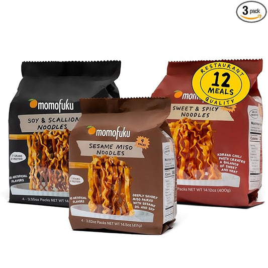 Momofuku Ramen Noodle Variety Pack by David Chang, 12 Meals Air-Dried Instant Noodles with Sauce