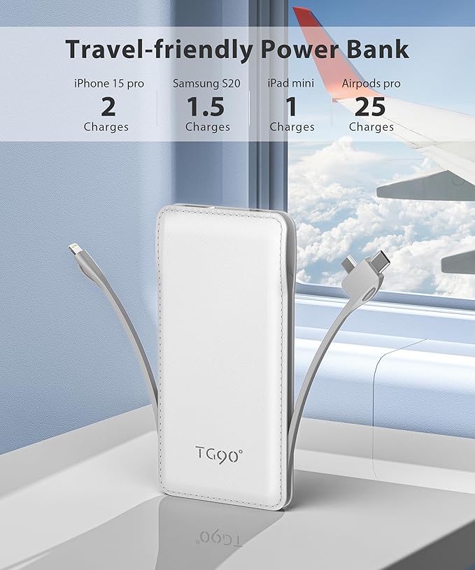 TG90° 10000mAh Power Bank Built-in Cables(No Plug), Pocket Size USB C Portable Charger, 3A Fast Charging External Battery Pack, Travel Essential Phone Powerbank Compatible with iPhone Samsung iPad