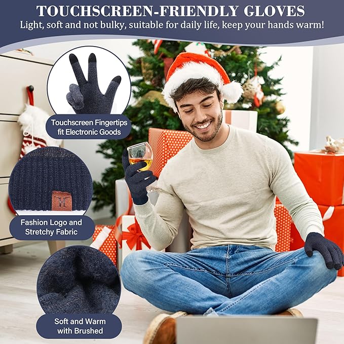 FZ FANTASTIC ZONE Mens Winter Knit Hat Beanie Long Neck Scarf Touchscreen Gloves Set Fleece Skull Caps Gifts for Men Women