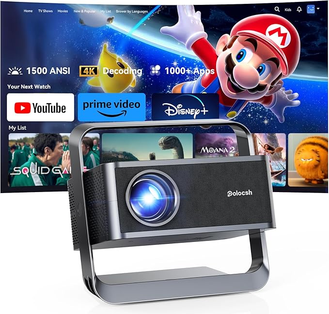 Smart Projector 1080P 4K Support with WIFI 6 and 2-Way Bluetooth 1500ANSI Auto Keystone Electric Focus Mini Projectors Home Theater Movie Outdoor Portable Projector (Black)