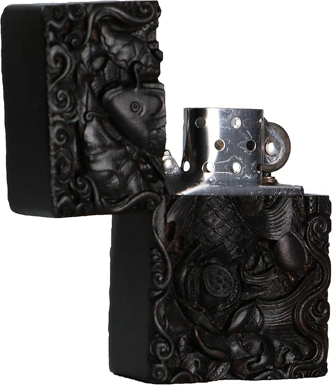 Natural Ebony Black Wood Carved Lighter Shell Box For Zippo Module (Lotus Fish)