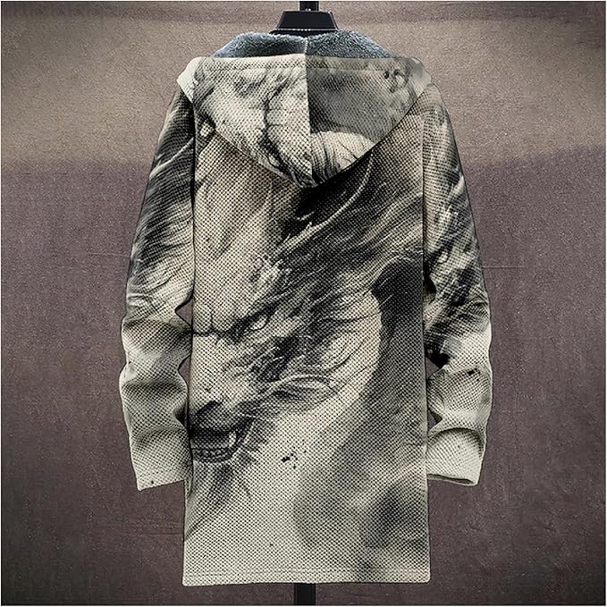 Mens Hooded Cardigan Japanese Art Zip Up Long Sleeve Sweater Hoodie Dragon Print Coat with Pockets