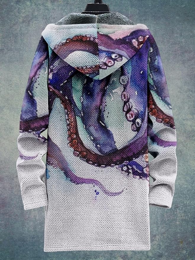 2025 Men's Ethnic Pattern Hooded Jacket Long Cardigan Hoodies Full Zip Vintage Knitted Zipper Coat with Pocket