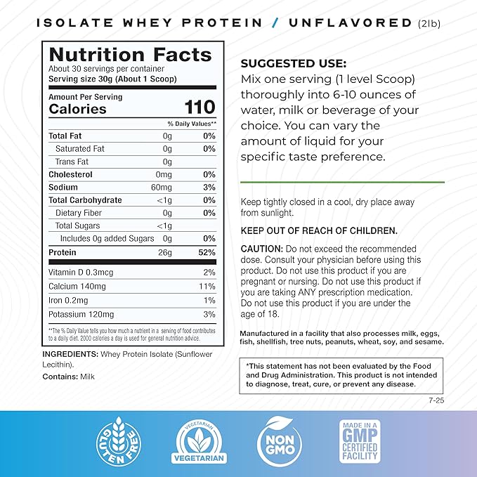 Muscle Feast Grass-Fed Whey Protein Isolate, All Natural Hormone Free Pasture Raised, Whey Isolate Protein Powder for Men and Women, Clean, Non-GMO & Gluten-Free Isolate Protein - Unflavored, 2lb