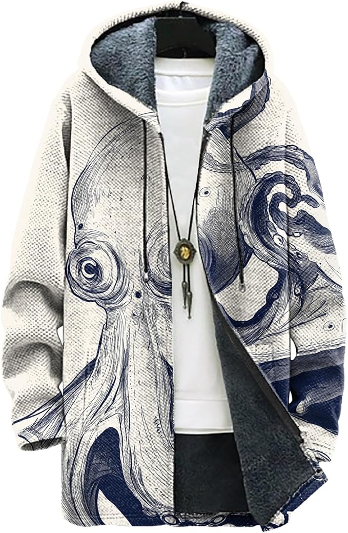 MARSVOVO Long Hooded Cardigan Men Japanese Art Style Fashion Cool Graphic Streetwear Winter Warm Lined Fleece Jacket
