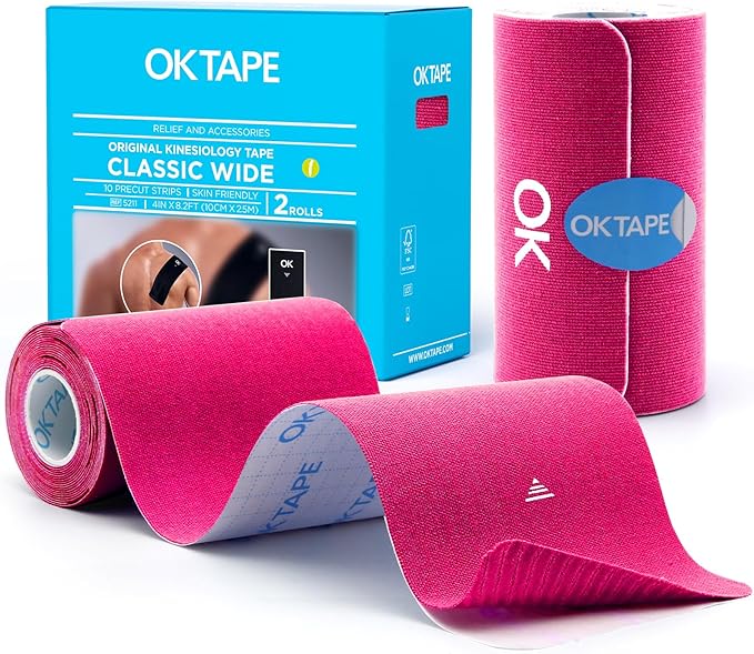 OK TAPE Extra Wide Kinesiology Tape, Precut K Tape Strips, Elastic Physical Therapy Athletic Tape for Pain Relief & Joint Support | Back, Shoulder, Knee (4" x 10" - 20Pcs) Pink