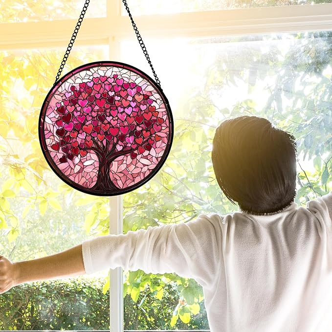 Stained Glass Window Hanging, Pink Love Tree of Life Sun Catchers Colorful Glass Panel Suncatcher Decor for Birthday for Women, Men, Wife, Lovers, and Mom 11.8x11.8 in