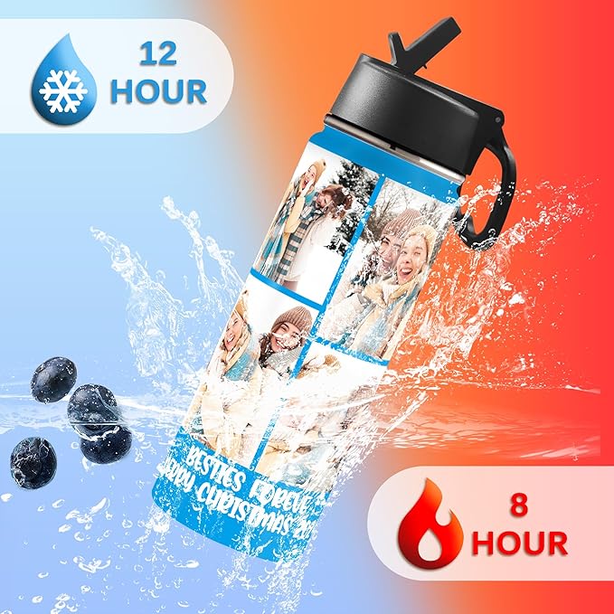 Personalized Photo Water Bottle with Straw Lid, 18 oz/32 oz Custom Stainless Steel Sports Water Bottle with Picture Name or Text-Double Wall Vacuum Insulated Gift Cup for Kids Women Men