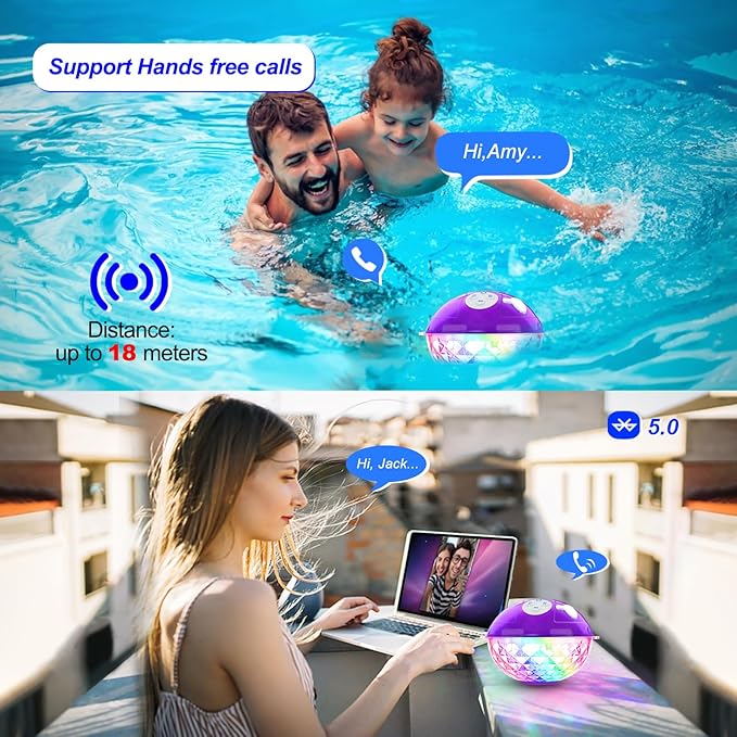 Floating Pool Speakers with Colorful Lights, Built-in Mic & Crystal Clear Sound Bluetooth Pool Speakers, IP68 Waterproof Wireless Hot Tub Speaker for Beach Party Indoor Outdoor Christmas