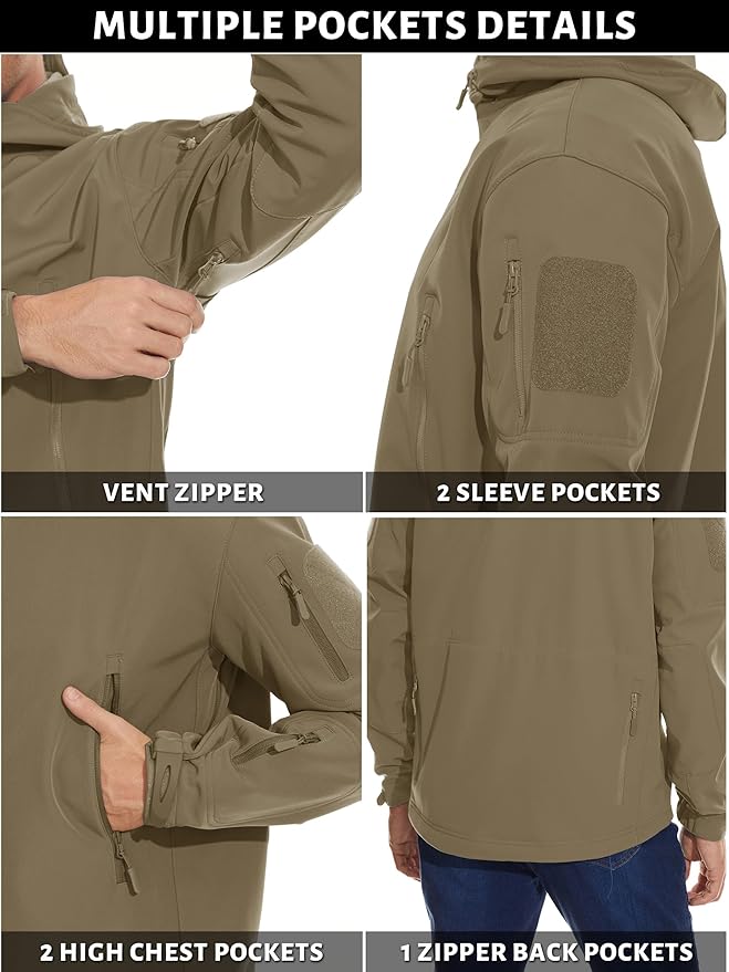TACVASEN Men's Special Ops Military Tactical Soft Shell Winter Warm Fleece Lined Jacket Rain Hood Coat Hiking Snowboard