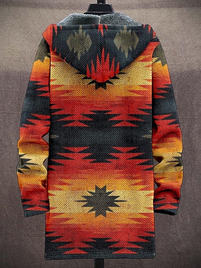 2025 Men's Ethnic Pattern Hooded Jacket Long Cardigan Hoodies Full Zip Vintage Knitted Zipper Coat with Pocket