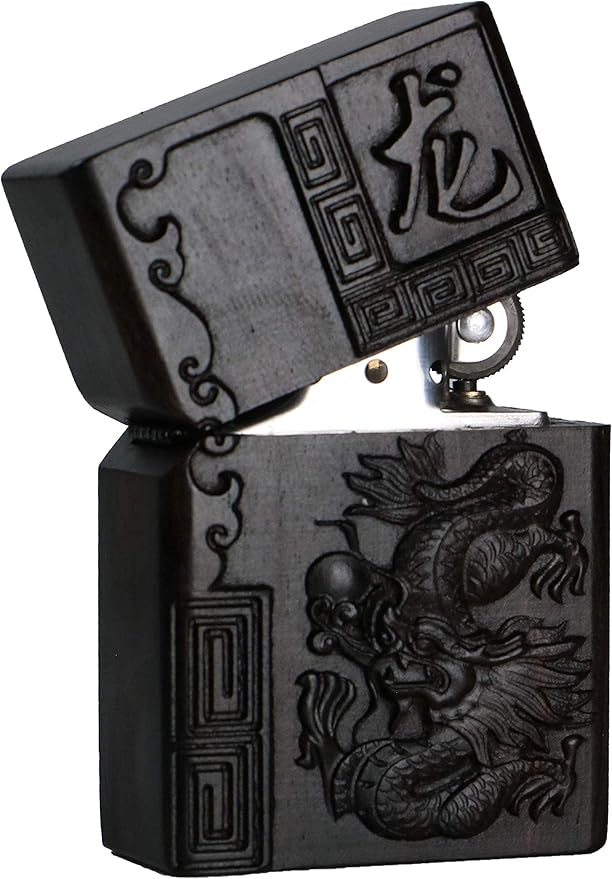 Natural Ebony Black Wood Carved Lighter Shell Box For Zippo Module (Zodiac Dragon)
