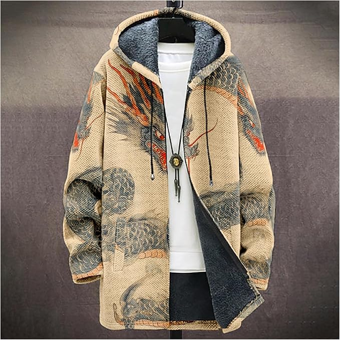 Mens Hooded Cardigan Japanese Art Zip Up Long Sleeve Sweater Hoodie Dragon Print Coat with Pockets
