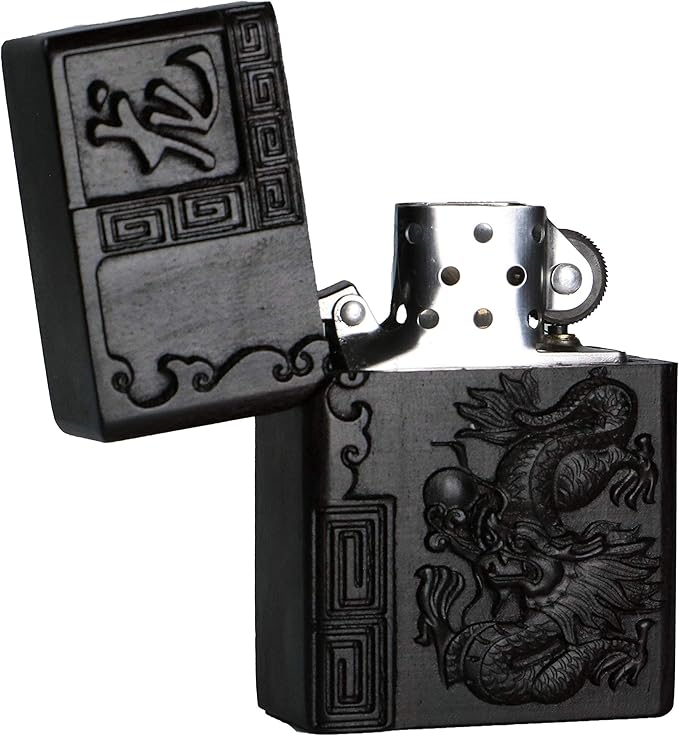 Natural Ebony Black Wood Carved Lighter Shell Box For Zippo Module (Zodiac Dragon)