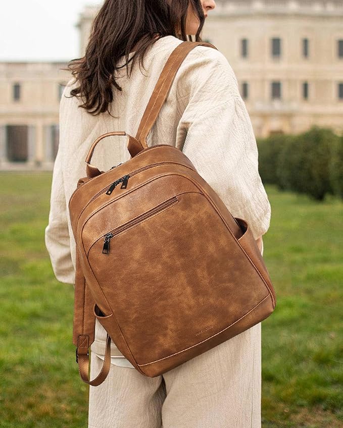 MASINTOR 15.6 inch Leather Laptop Backpack Purse for Women, Designer Travel and Work Bag with Laptop Compartment Mocha Brown