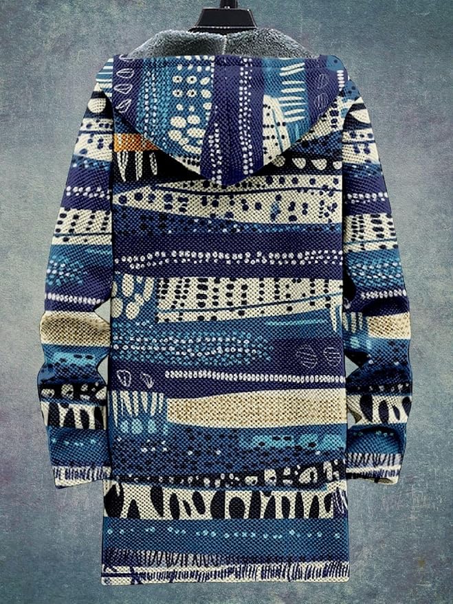 2025 Men's Ethnic Pattern Hooded Jacket Long Cardigan Hoodies Full Zip Vintage Knitted Zipper Coat with Pocket