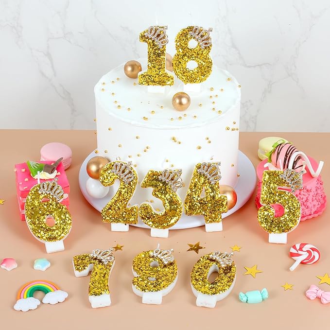 Gold Birthday Candle Crown Number 2 Candle with Sequins Cake Candles Cupcake Decorations Party Decor for Anniversary Celebrations Supplies