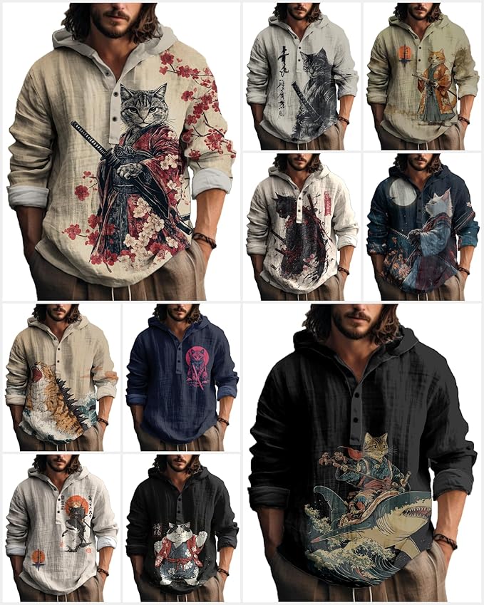 MARSVOVO Mens Japanese Art Long Sleeve Hooded Shirts Lightweight Quarter Button Hoodie Casual Cool Tops for Spring Fall