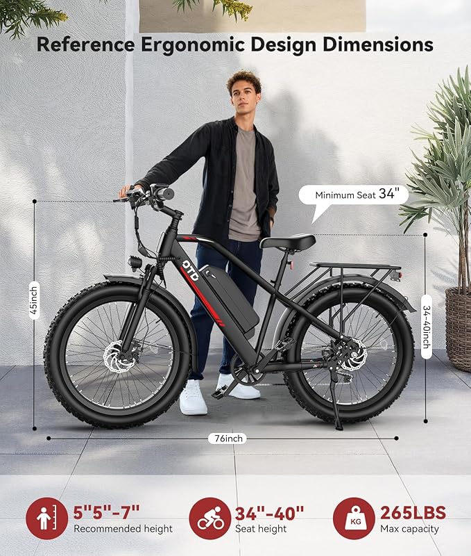 OTD Electric Bike, 1200W Peak Motor, 28 MPH Max Speed & 80 Miles with 624Wh Removable Battery, Ebike for Adults, Hydraulic Brakes, Front Suspension, 26'' x 4'' Fat Tire Bicycles
