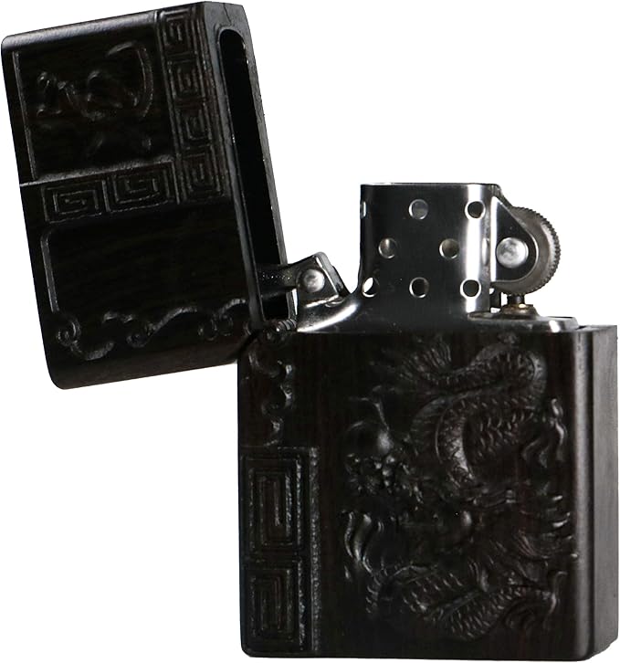 Natural Ebony Black Wood Carved Lighter Shell Box For Zippo Module (Zodiac Dragon)