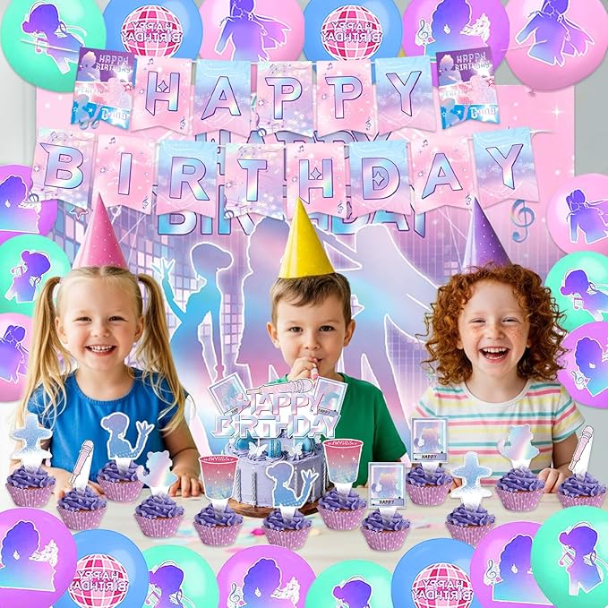 42Pcs Demon Movie Hunters Birthday Party Decorations Include Cake Topper Cupcake Toppers Music Singer Happy Birthday Party Pink and Purple Flag Banner and Balloons Backdrog