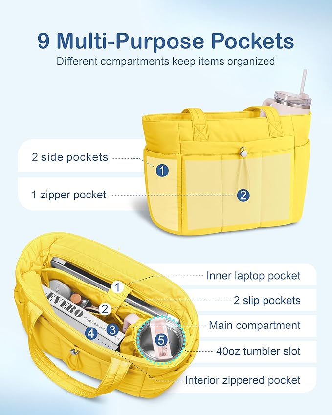 TOPDesign Puffy Tote Bag for Women with Cup Holder & Laptop Compartment & Cosmetic Bag & Trolley Sleeve for Work, Travel