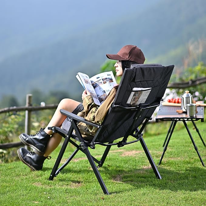 Reclining Camping Chair, Heavy Duty Folding Chairs with 4-Stage Adjustable High Back for Adults, Compact Foldable Outdoor Patio Reclining Chair with Storage Bag (Green, 2 Pack)
