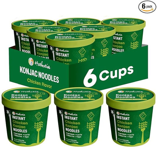 Hethstia Konjac Noodle Chicken Soup, 6-Pack Instant Shirataki Noodle Soup Cups - Low-Calorie, Sugar-Free, Low-Carb, Gluten-Free, 34.32 oz Vegan Konjac Pho Pasta Chicken Broth, Healthy Asian Noodles