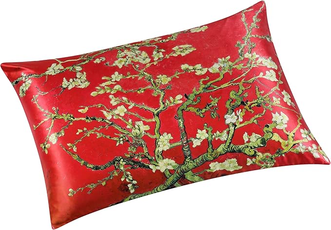 ALASKA BEAR Luxury Silk Pillowcase for Beauty Sleep, Genuine 22 Momme Mulberry Silk Pillow Case Slip for Room Decor, Red Cherry Blossom Floral Pattern Printed, Queen Size (1pc, Gift Box)