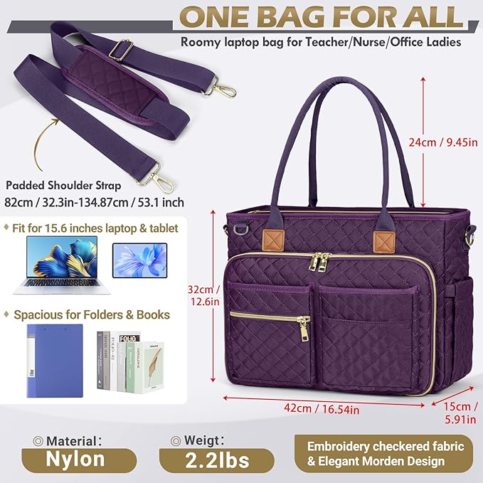 RAINSMORE Teacher Tote Bag 15.6 inch Laptop Bag for Women Work Bags Laptop Tote Nurse Bag Professional Computer Messenger with Insulated Pocket, Laptop Briefcase for Office, College, Dark Purple