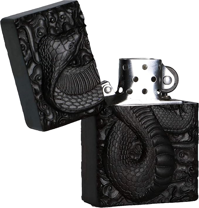 Natural Ebony Black Wood Carved Lighter Shell Box For Zippo Module (Cobra Snake)