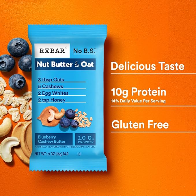 RXBAR Nut Butter and Oat Protein Bars, Protein Snacks, Snack Bars, Blueberry Cashew Butter, 23.2oz Box (12 Count)