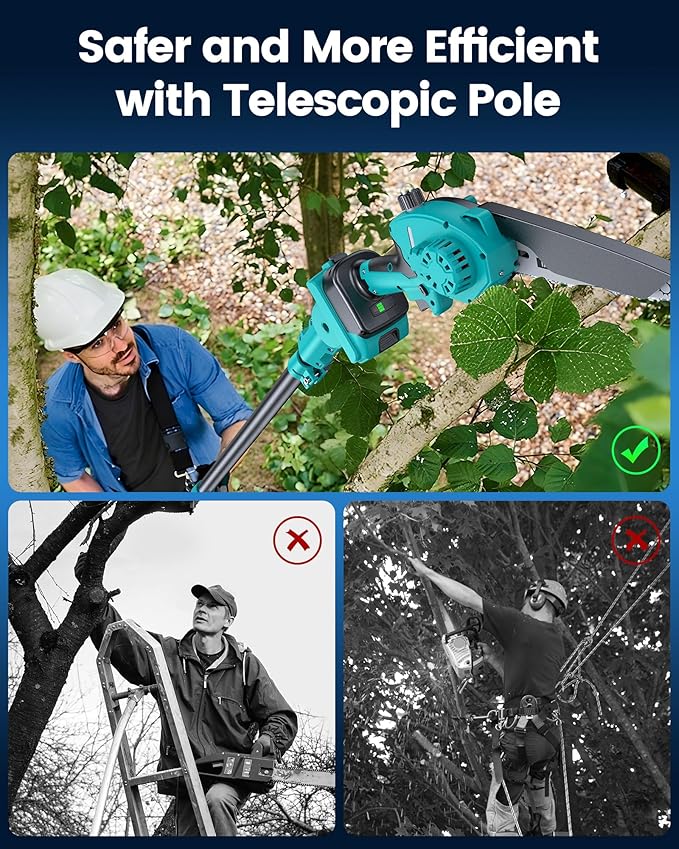 8" Electric Pole Saw for Tree Trimming,Brushless Mini Chainsaw Cordless with Extension Pole 2 Batteries, 2-in-1 Handheld & Pole Prunner for Cutting Tree Limbs Branches