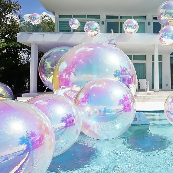 50 Inch Giant Iridescent Round Foil Balloons, 3Pcs Holographic Clear 4D Ball Balloons for Birthday New Year Eve Wedding Folding Rainbow Under The Sea Mermaid Party decoration