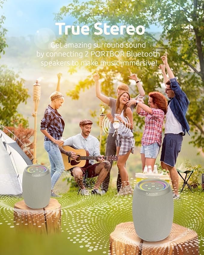 Portable Bluetooth Speaker with Lights, Powerful Stereo Loud Sound Wireless Small Speaker, IPX5 Waterproof, BT5.3, TWS Pairing, for Outdoor/Party/Home/Beach/Shower, Birthday for Him Her