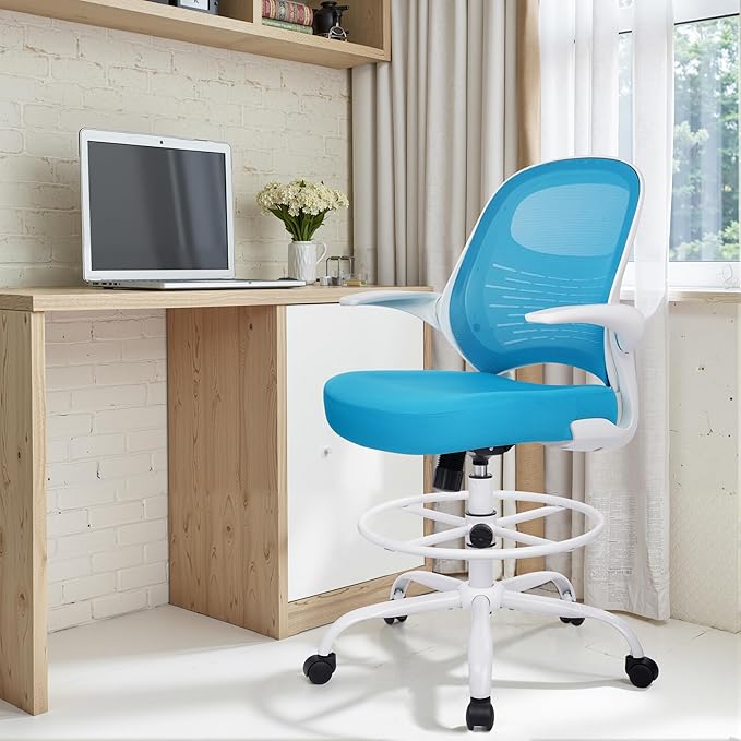 HYLONE Tall Drafting Chair Standing Desk Chair with Flip-Up Armrests, Adjustable Height Ergonomic Office Chair with Footrest Ring - High Stool Chair for Standing Desk (Blue)