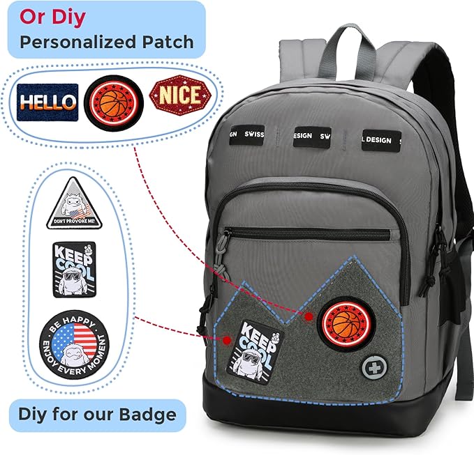 Swissdigital Design Big Student Laptop Backpack with Fun Personalized Patches For College Boys & Girls, Middle High School Teen Bookbag Cool Travel Daypack Grey- Includes 3 Patches | SD1718-03
