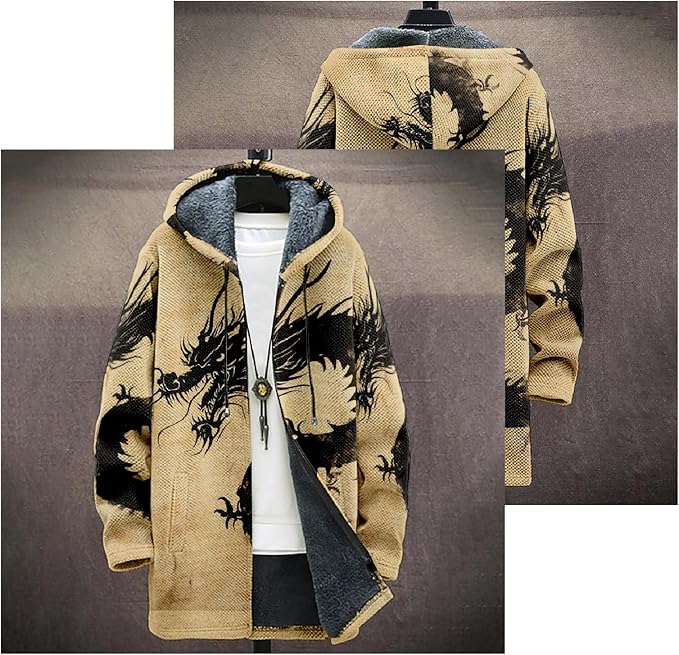 Mens Hooded Cardigan Japanese Art Zip Up Long Sleeve Sweater Hoodie Dragon Print Coat with Pockets