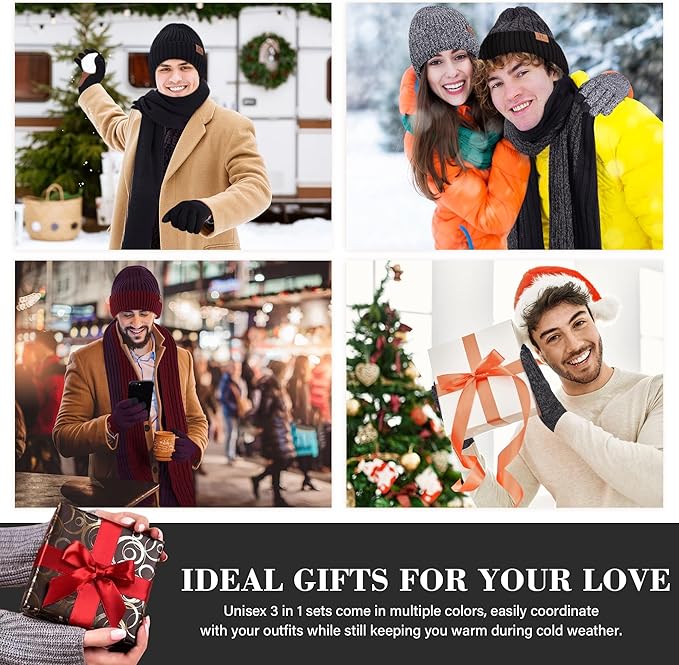 FZ FANTASTIC ZONE Mens Winter Knit Hat Beanie Long Neck Scarf Touchscreen Gloves Set Fleece Skull Caps Gifts for Men Women