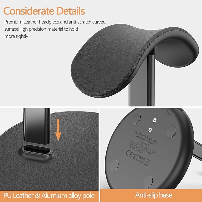 Headphone Stand with Wireless Charger, Gaming Headset Holder Hanger Rack 2 IN 1 Wireless Charging Station Dock for iPhone 15/14/13/12/11 Series, Samsung, AirPods Pro/3/2 and Desk All Headphones, Black
