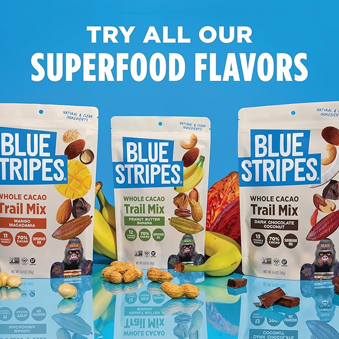 Blue Stripes - Trail Mix, Peanut Butter Banana, Dark Chocolate, Coconut, Nut Mix, Healthy Snacks for Adults, Variety Pack, Whole 70% Cacao, Unrefined Sugar, Non GMO, Gluten Free, Vegan - 3 Pack, 8 oz