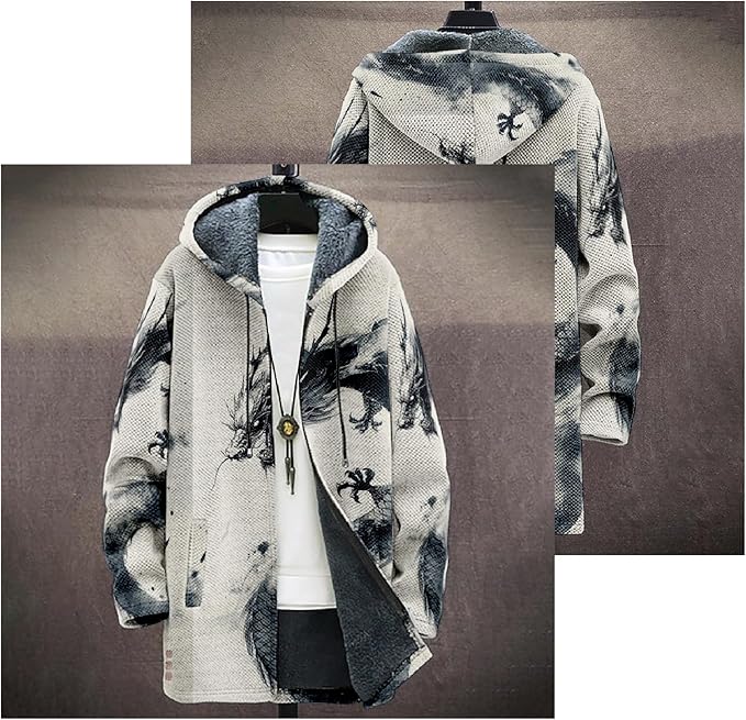 Mens Hooded Cardigan Japanese Art Zip Up Long Sleeve Sweater Hoodie Dragon Print Coat with Pockets