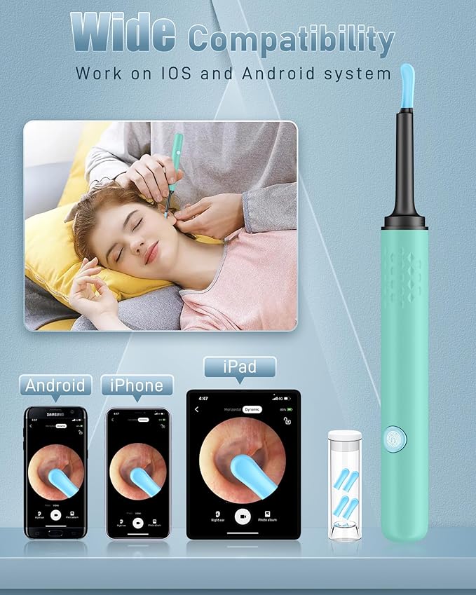 Ear Wax Removal Tool Camera - Ear Cleaner with Camera, Hassle Instant Removes Ear Wax,1080P HD Camera Lens & 7 Pcs Ear Set - Ear Cleaning Kit with 4 Ear Pick(Green)